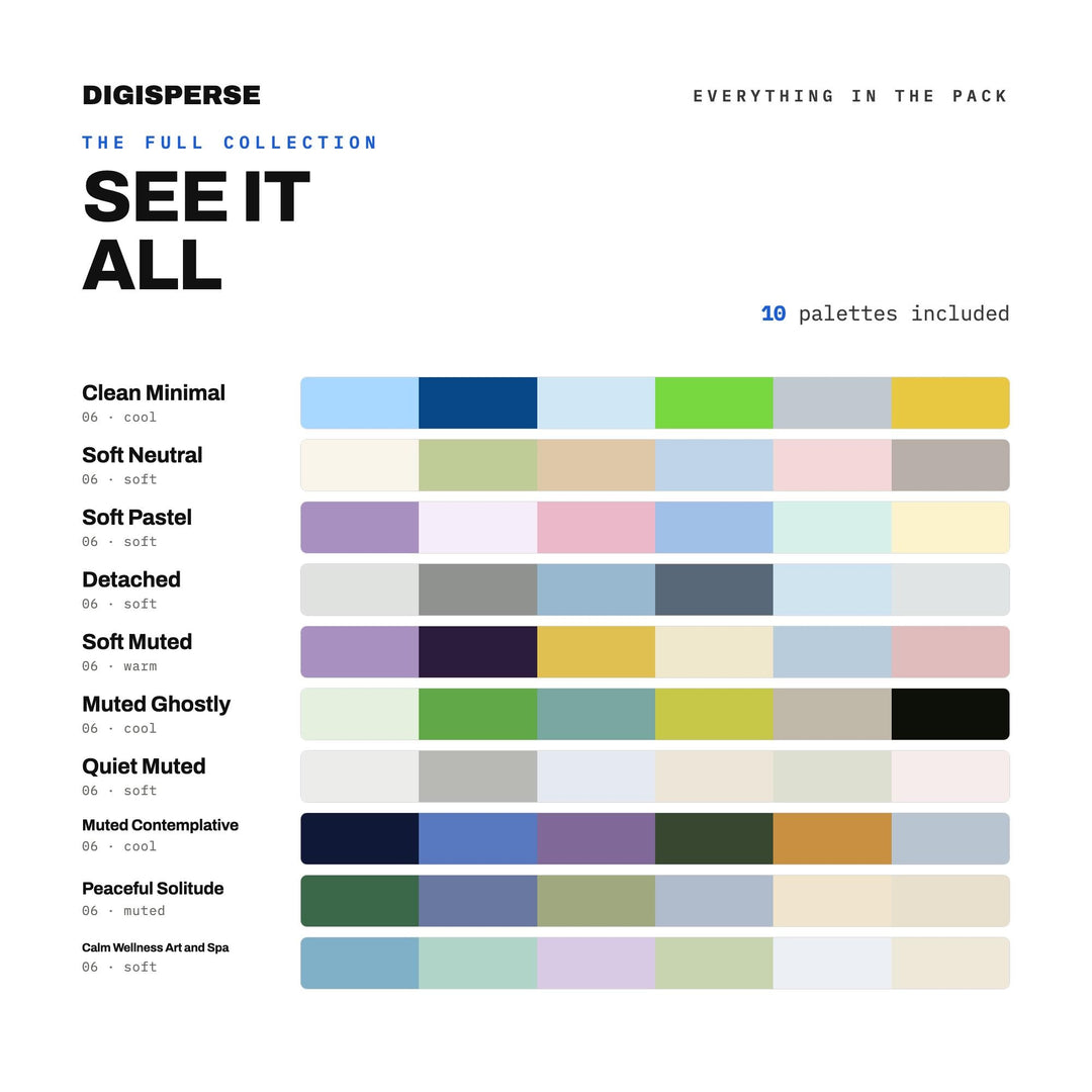 Calming Color Palette Set, 10 Stillness Schemes for Meditation Apps, Yoga Studio Branding and Serene Bedroom Decor