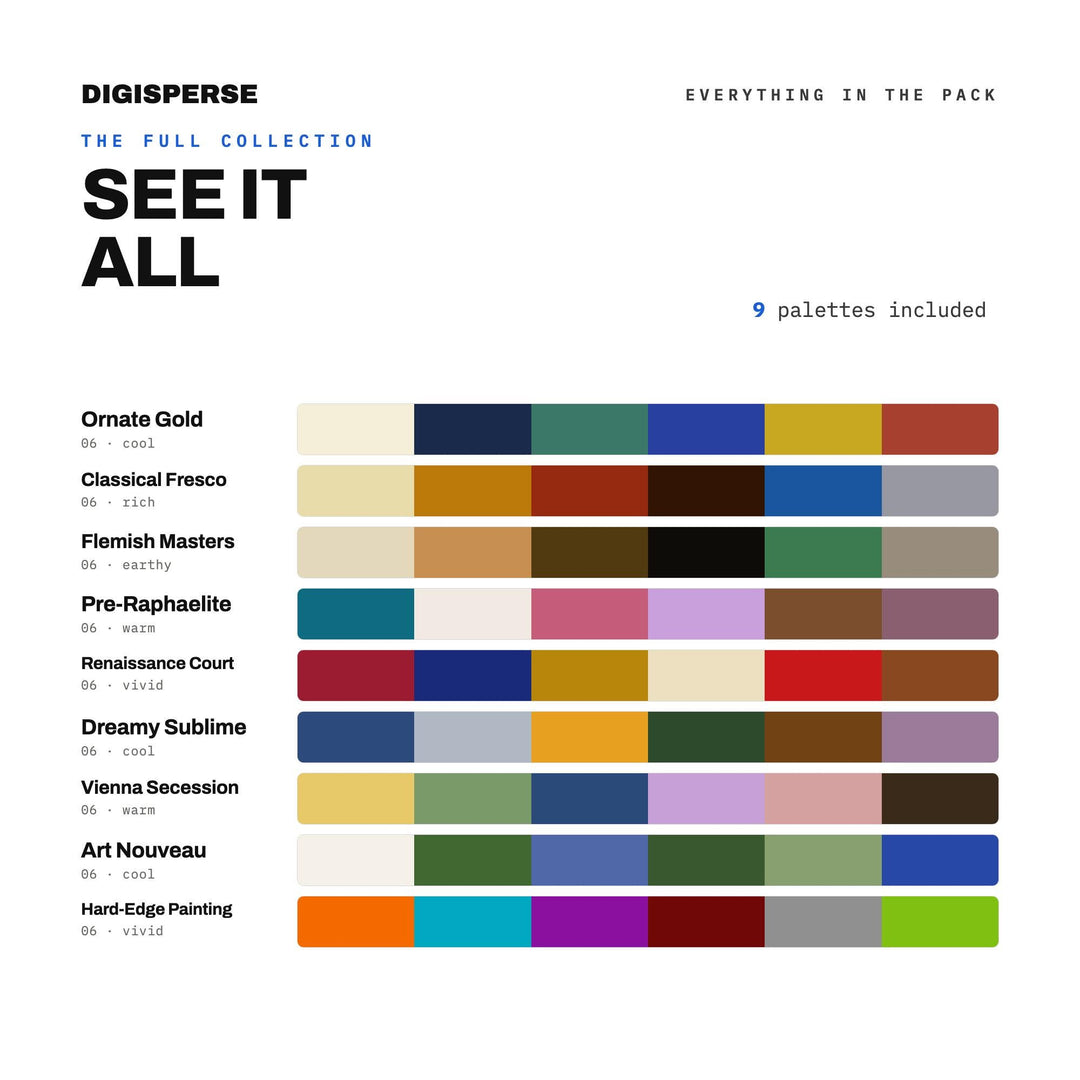 Renaissance Color Palette Kit, 9 Old Master Schemes for Fine Art Studies, Classical Decor and Gallery Exhibition Design