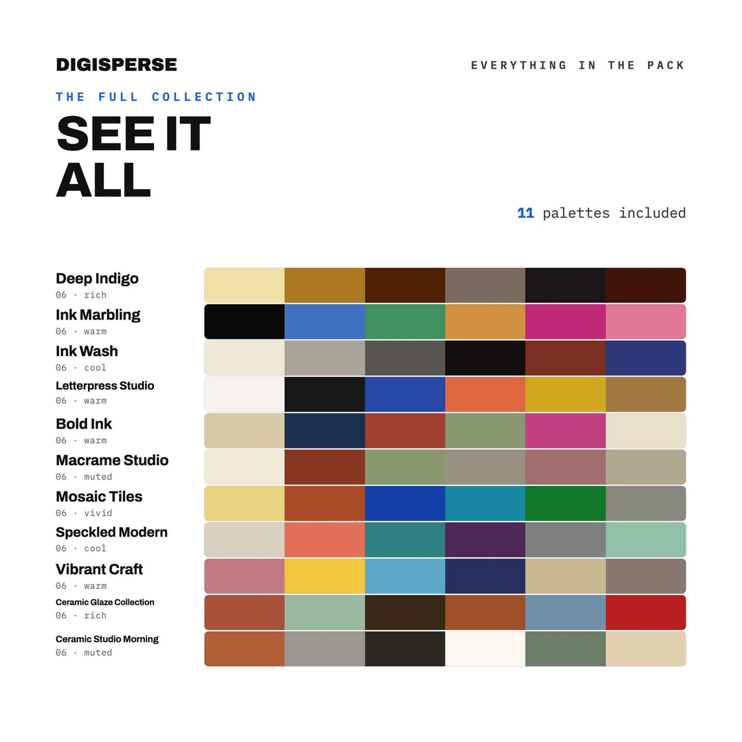 Print Shop Color Palette Set, 11 Ink and Letterpress Schemes for Stationery Brands, Wedding Invites and Editorial Design
