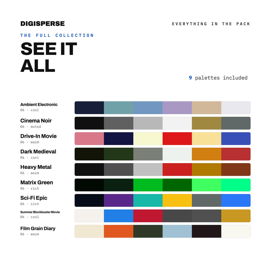 Retro Film Color Palette Pack, 9 Cult Classic Schemes for Movie Night Posters, Video Store Art and B Movie Fan Merch Design