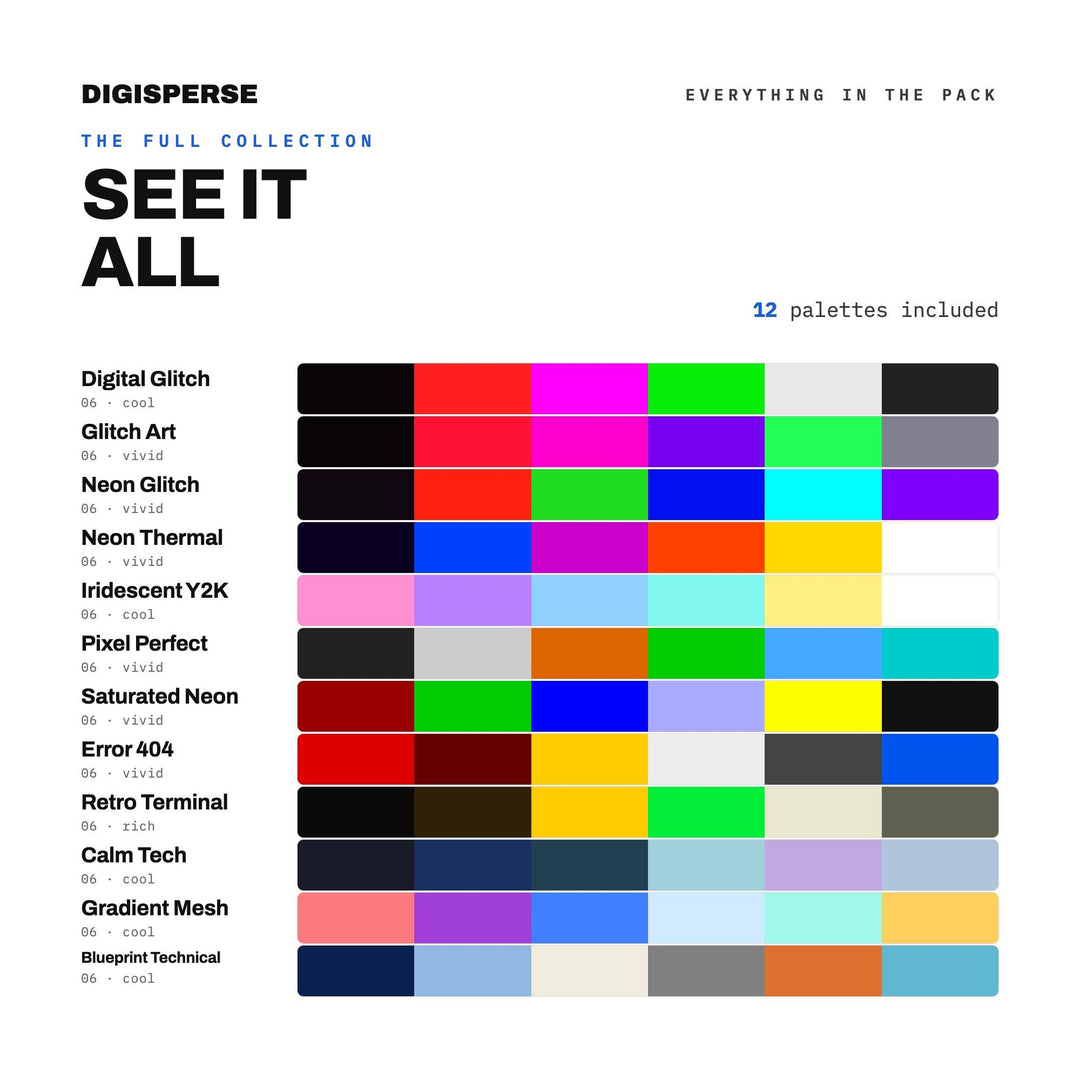 Glitch Art Color Mega Pack, 12 Static Distortion Palettes for VJ Loops, Digital Collage and Experimental Poster Design