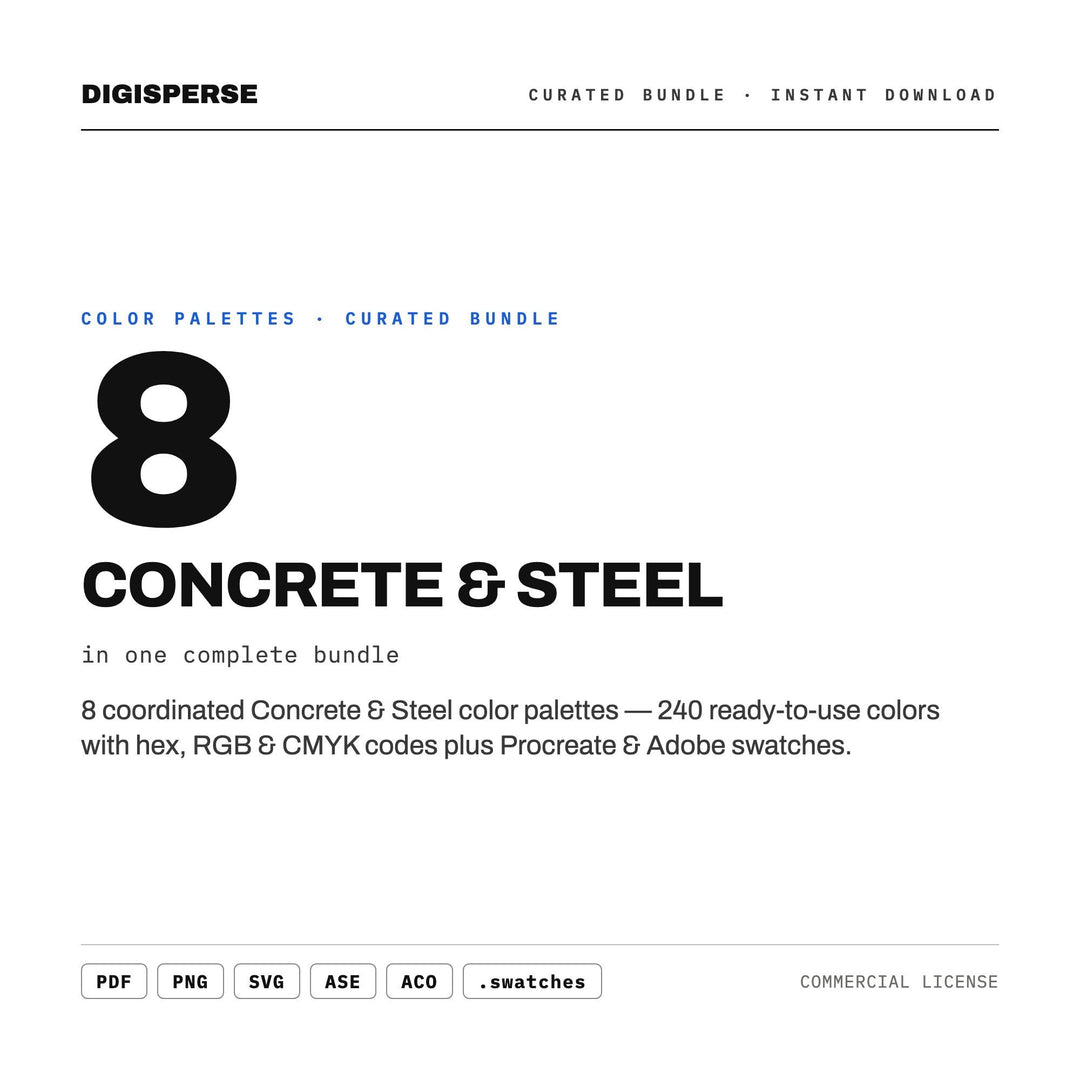 Industrial Color Scheme Pack, 8 Concrete and Steel Palettes for Loft Apartment Decor, Architecture Firms and Urban Design