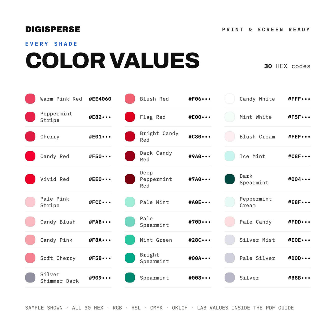 Candy Cane Lane Color Palette | 30 Colors | Hex RGB CMYK | Procreate Swatches + ASE | Digital Download