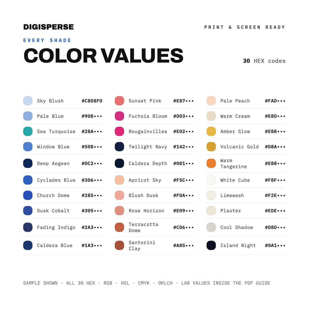 Santorini Dusk Color Palette | 30 Colors | Hex RGB CMYK | Color Guide | Procreate Swatches + ASE | Digital Download