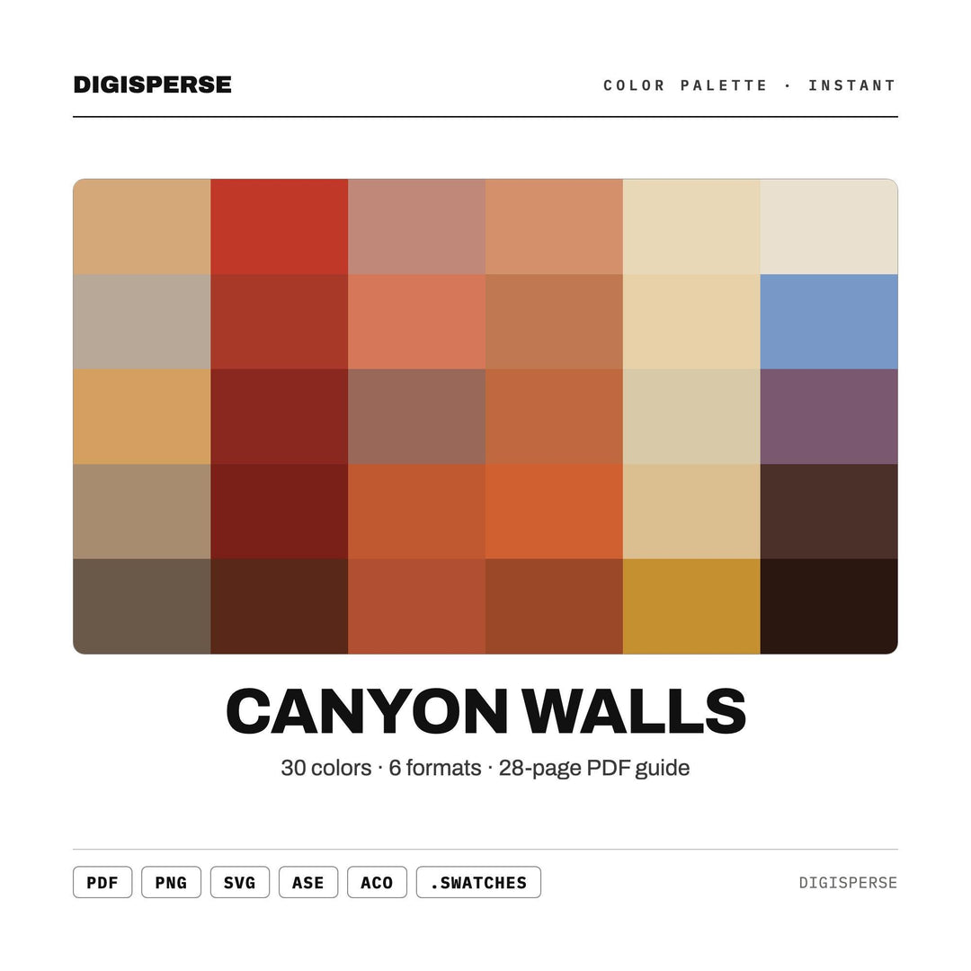 Warm Desert Color Palette for Southwest Landscape Art and Earthy Branding, 30 Canyon Rock Hues, Procreate Swatches, Hex Codes