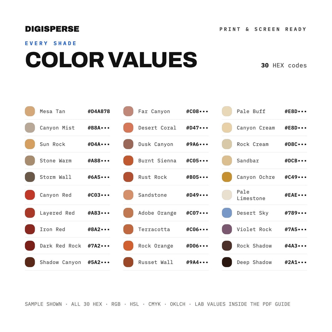 Warm Desert Color Palette for Southwest Landscape Art and Earthy Branding, 30 Canyon Rock Hues, Procreate Swatches, Hex Codes