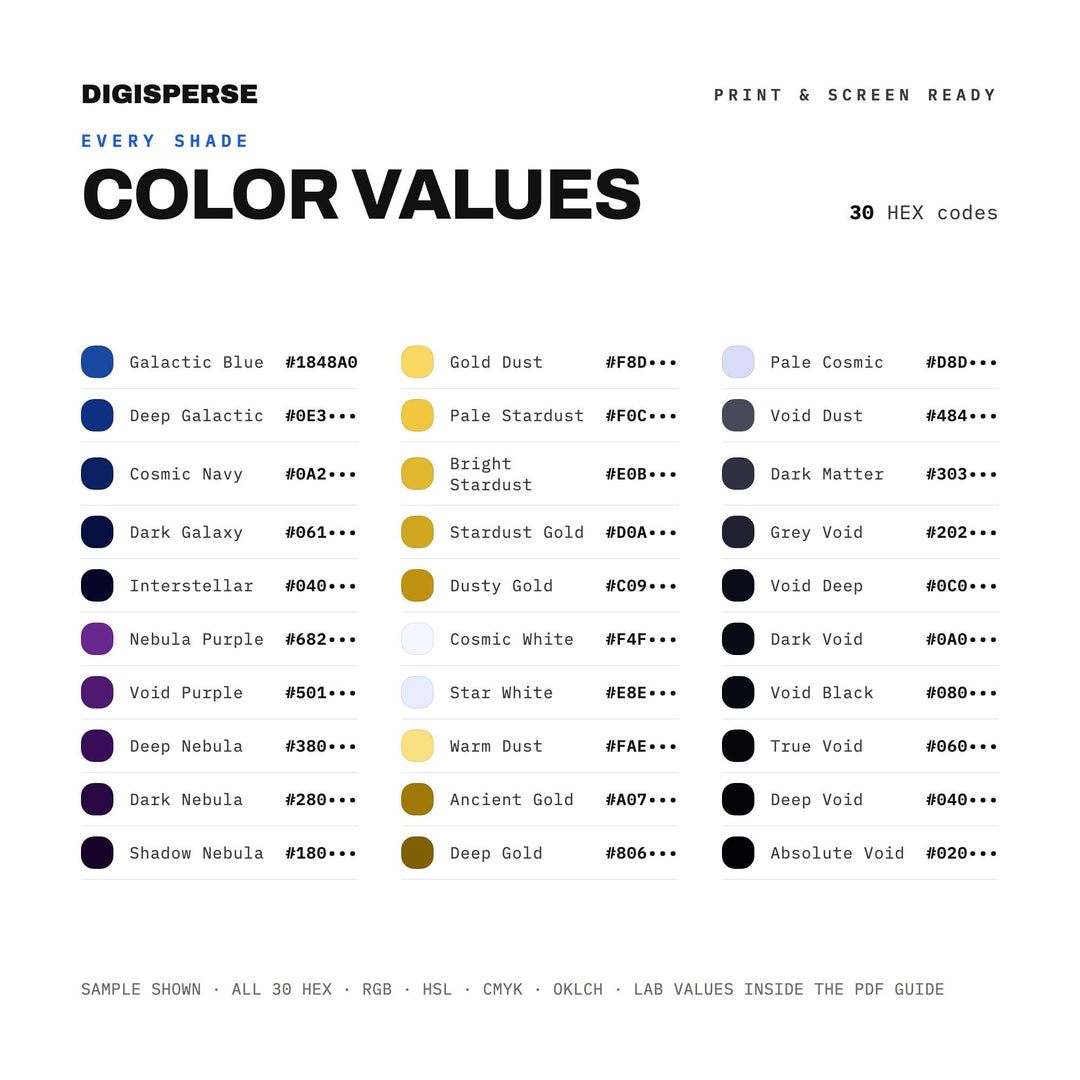 Cosmic Black Color Palette for Deep Space Galaxy Art and Celestial Branding, 30 Stardust Nebula Hues, Procreate Swatches, Hex Codes