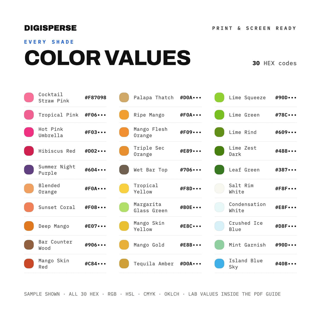 Mango Margarita Color Palette | 30 Colors | Hex RGB CMYK | Procreate Swatches + ASE | Digital Download