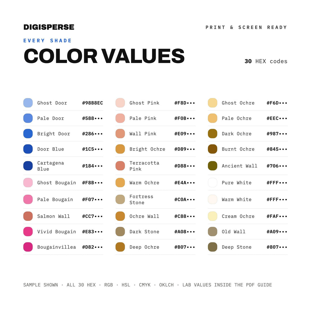 Sun Faded Color Palette for Colorful Travel Art and Colonial Facade Branding, 30 Cartagena Caribbean Hues, Procreate Swatches, Hex Codes
