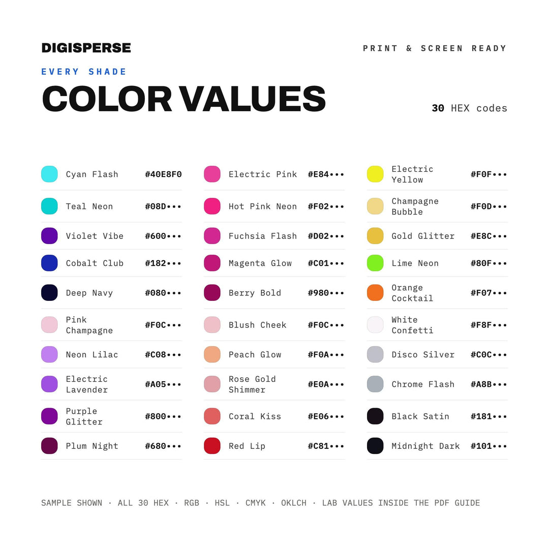 Bachelorette Night Color Palette | 30 Colors | Hex RGB CMYK | Procreate Swatches + ASE | Digital Download