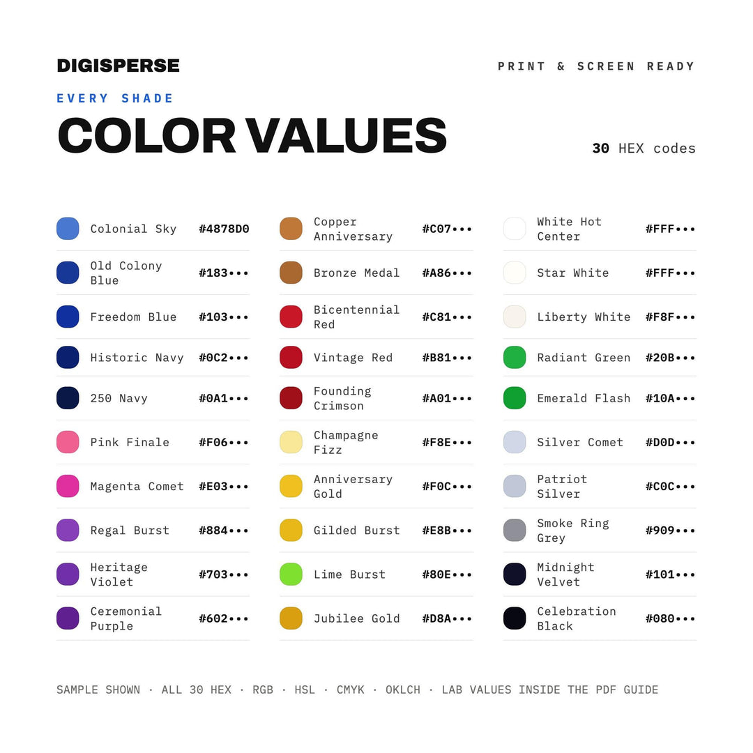 Semiquincentennial Fireworks Color Palette | 30 Colors | Hex RGB CMYK | Procreate Swatches + ASE | Digital Download