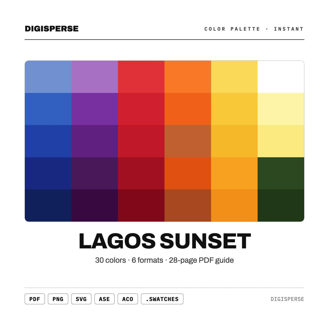 Lagos Sunset Color Palette | 30 Colors | Hex RGB CMYK | Color Guide | Procreate Swatches + ASE | Digital Download