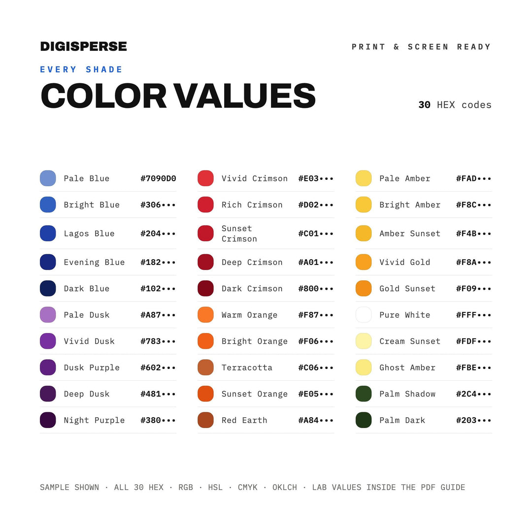 Lagos Sunset Color Palette | 30 Colors | Hex RGB CMYK | Color Guide | Procreate Swatches + ASE | Digital Download