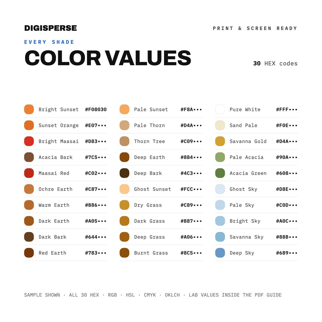 Kenyan Savanna Color Palette | 30 Procreate Swatches, ASE, CMYK, RGB (Digital Download)