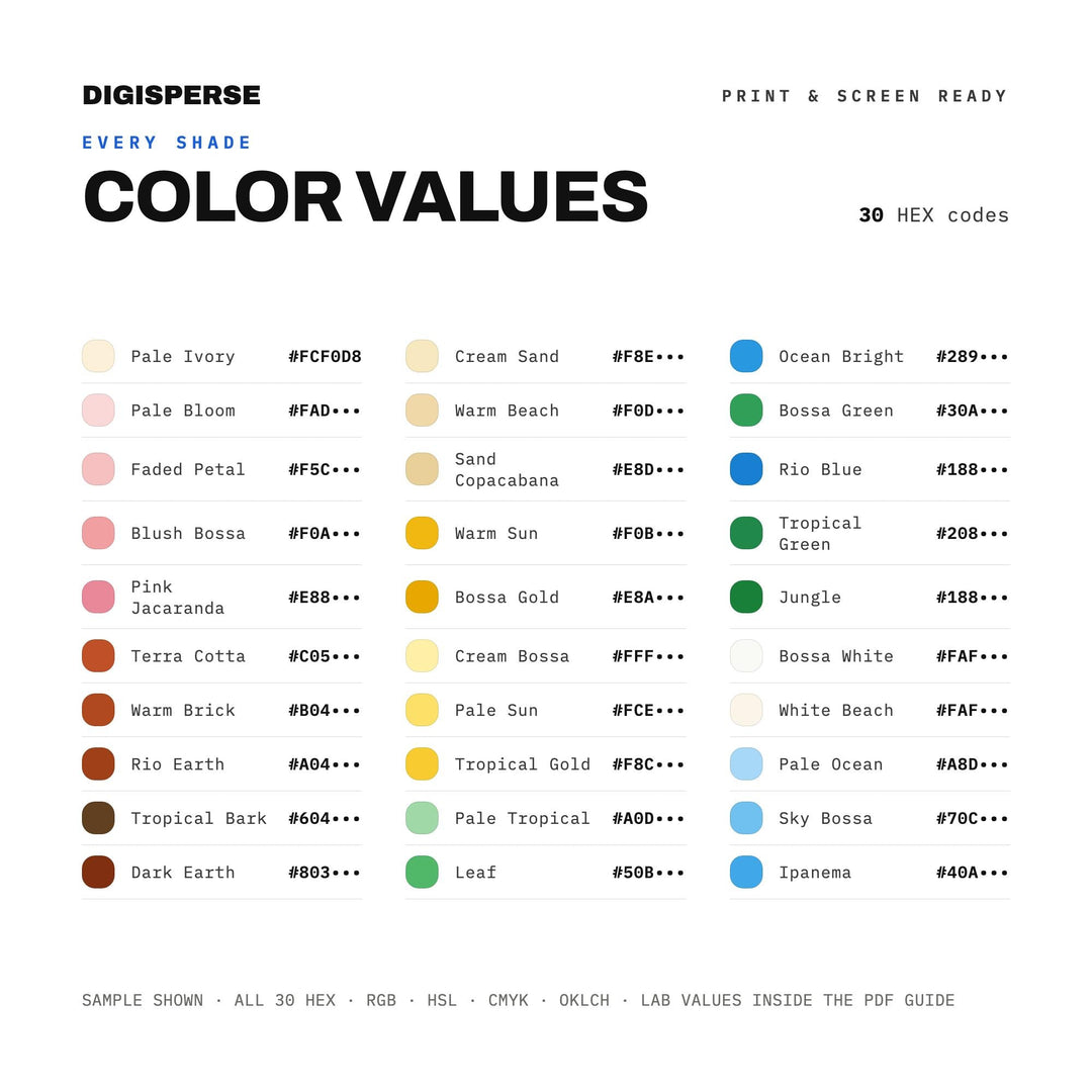 Bossa Nova Color Palette | 30 Colors | Hex RGB CMYK | Color Guide | Procreate Swatches + ASE | Digital Download