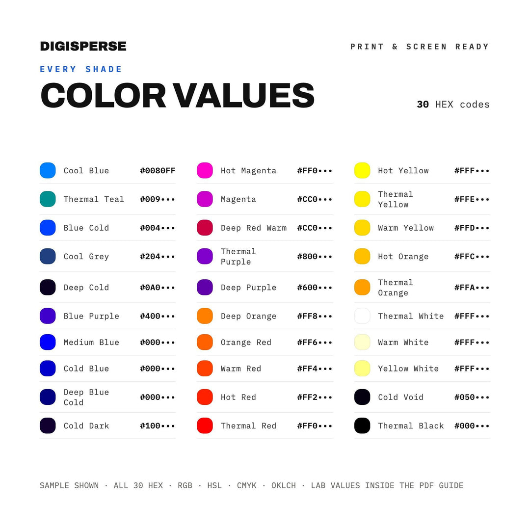 Neon Thermal Color Palette for Sci Fi Surreal Art and Futuristic Branding, 30 Infrared Glow Hues, Procreate Swatches, Hex Codes