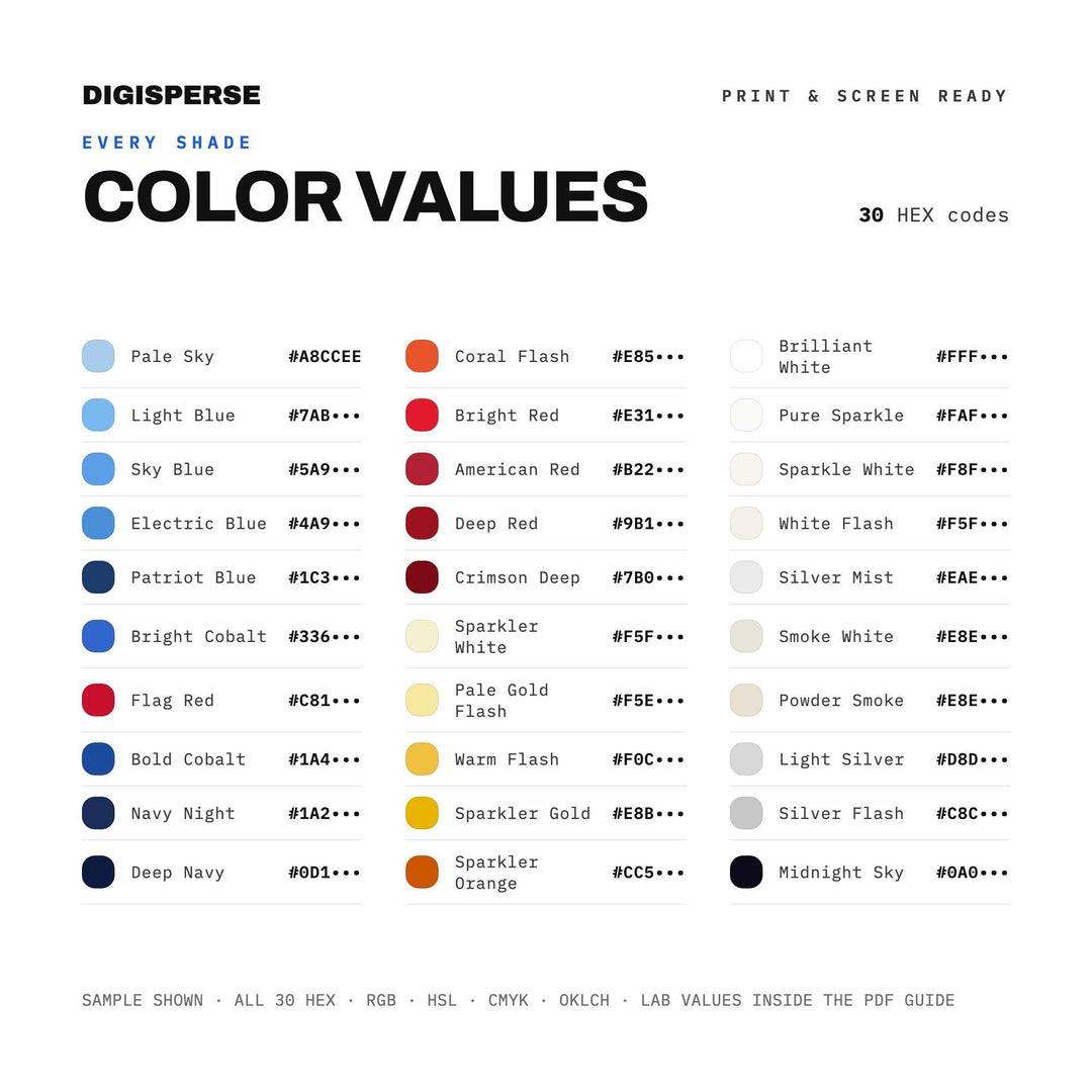 Fourth of July Sparkler Color Palette | 30 Colors | Hex RGB CMYK | Procreate Swatches + ASE | Digital Download