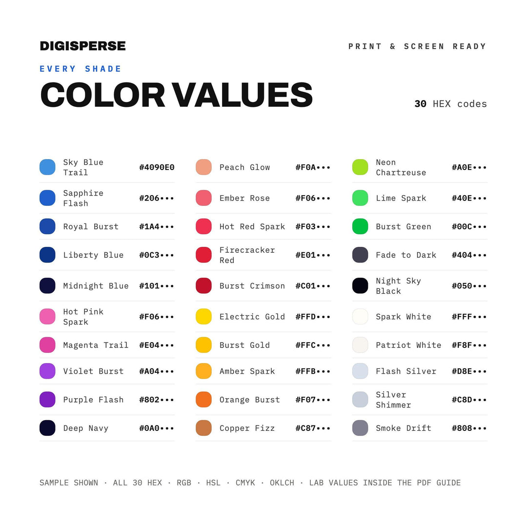 Fireworks Grand Finale Color Palette | 30 Colors | Hex RGB CMYK | Procreate Swatches + ASE | Digital Download