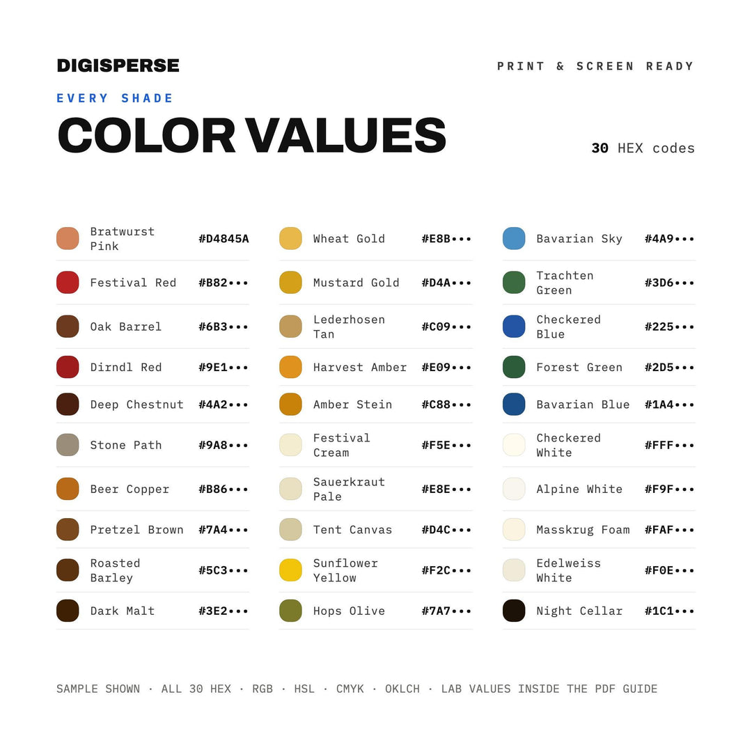 Warm Bavarian Color Palette for German Beer Fest Art and Autumn Branding, 30 Oktoberfest Amber Hues, Procreate Swatches, Hex Codes