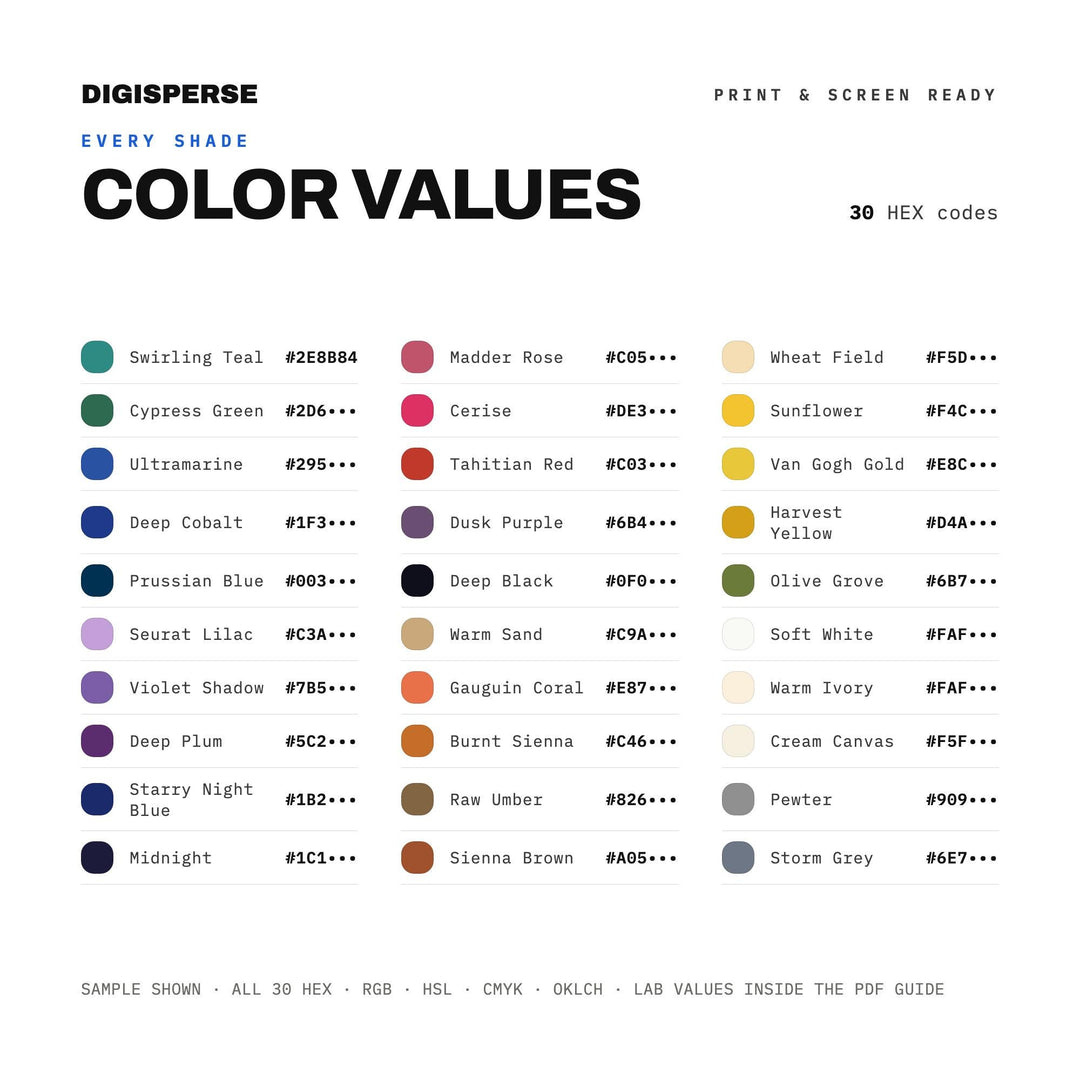 Post-Impressionism Color Palette | 30 Hex RGB CMYK Swatches (Digital Download)