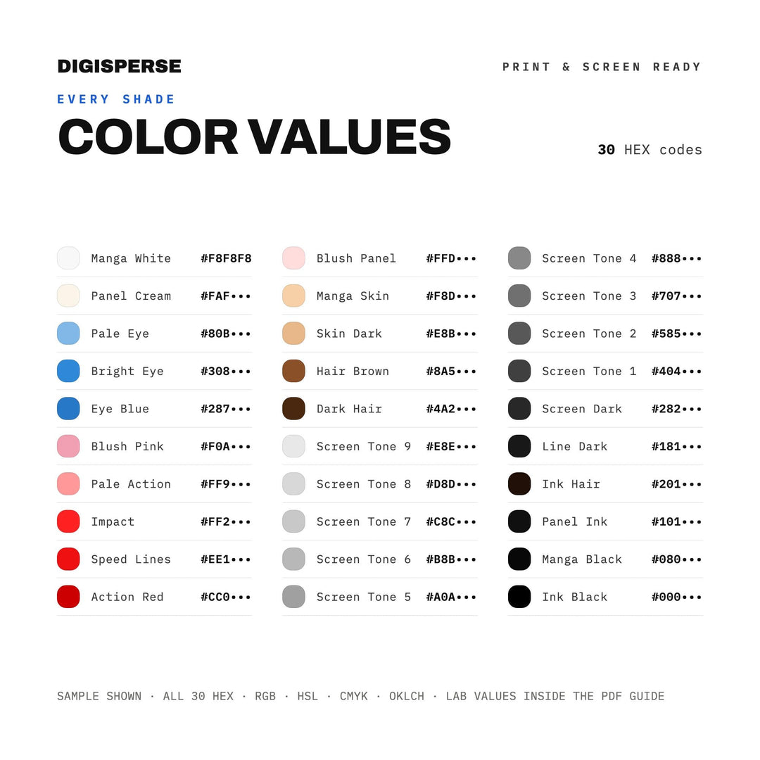 Manga Ink Color Palette | 30 Procreate Swatches, ASE, PDF Guide (Digital Download)