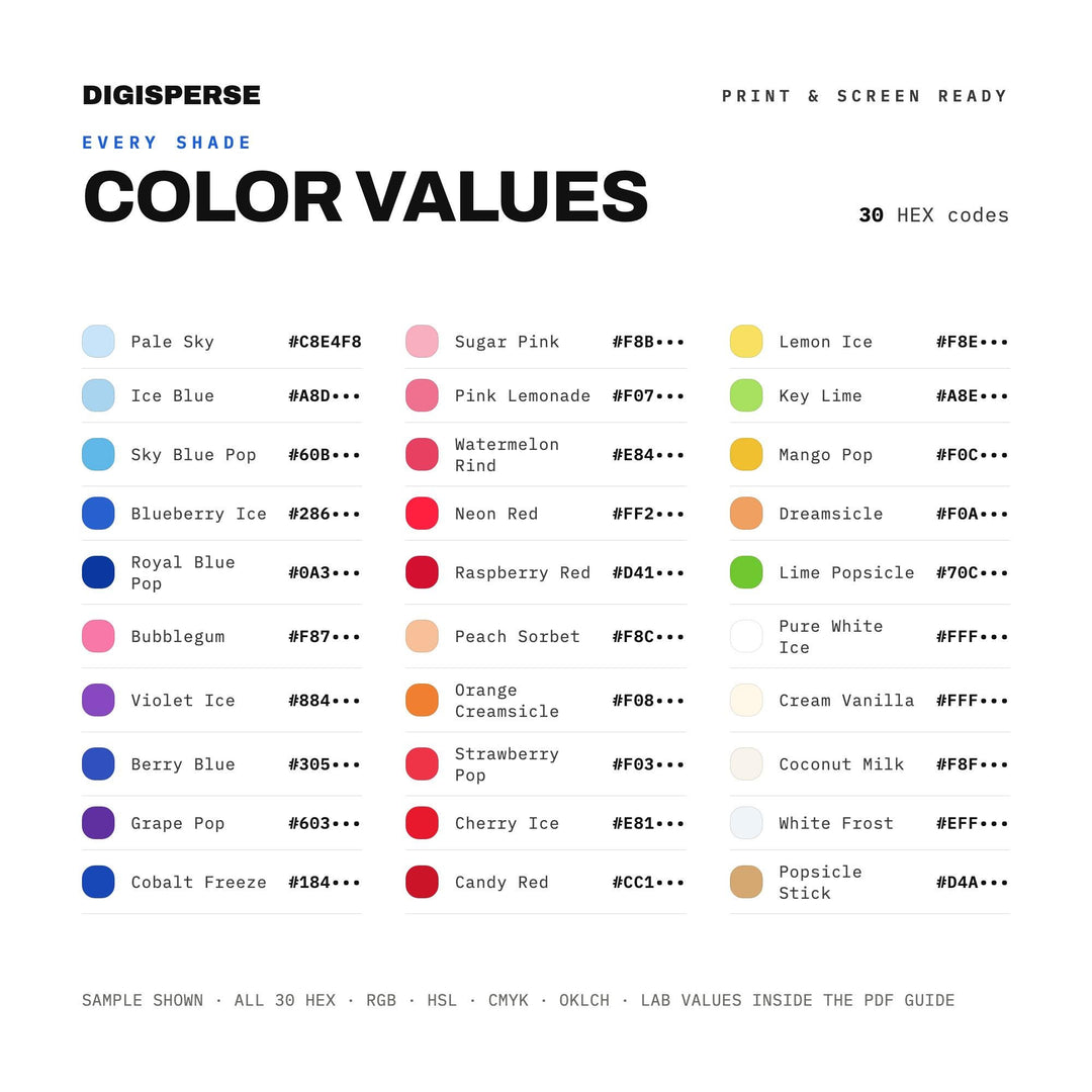 Red, White & Blue Popsicle Color Palette | 30 Colors | Hex RGB CMYK | Procreate Swatches + ASE | Digital Download