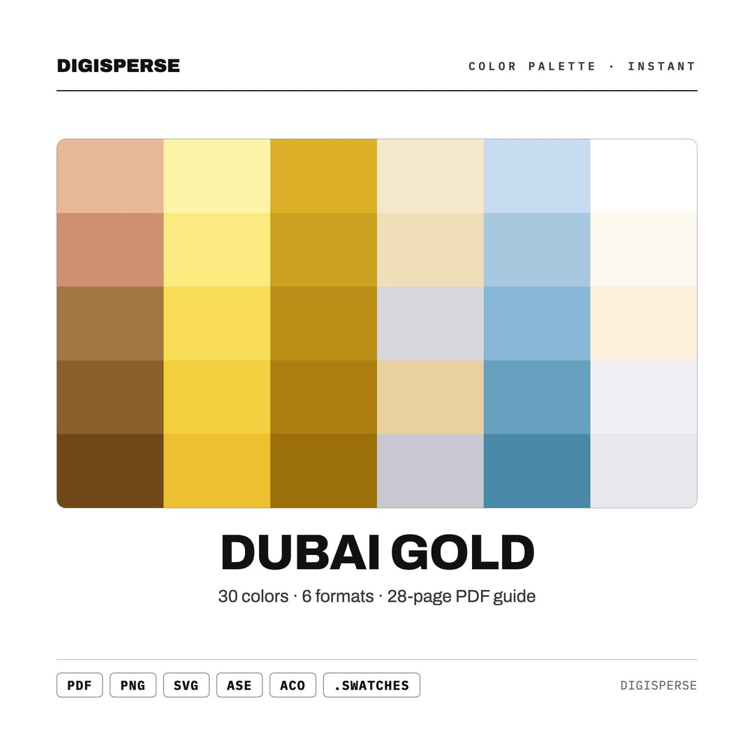 Dubai Gold Color Palette | 30 Colors | Hex RGB CMYK | Color Guide | Procreate Swatches + ASE | Digital Download
