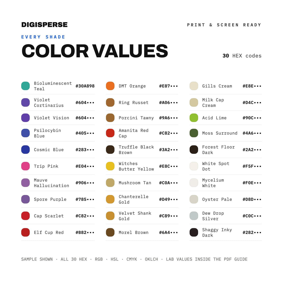 Psychedelic Mushroom Color Palette | 30 Colors | Hex RGB CMYK | Procreate Swatches + ASE | Digital Download