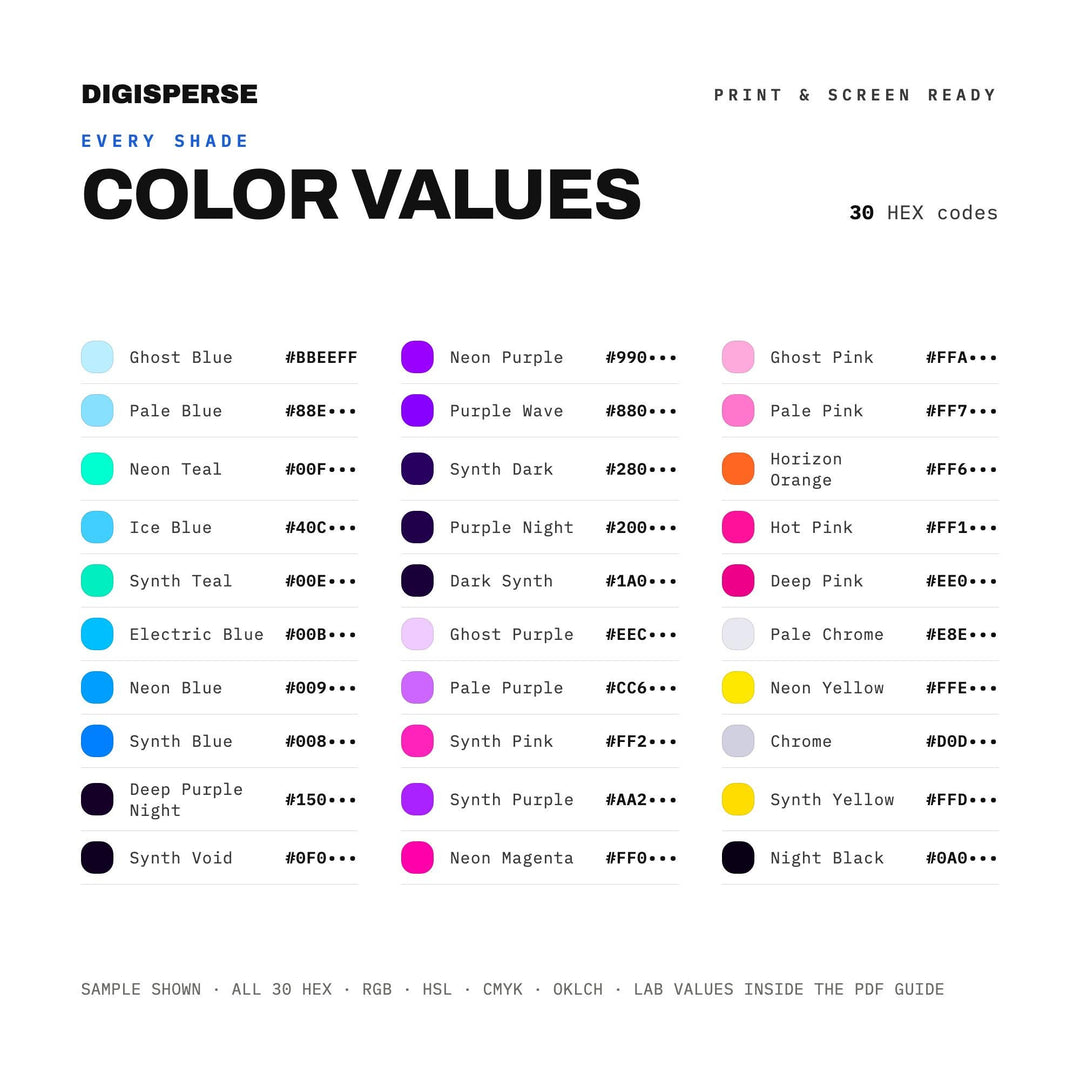 Retro Neon Color Palette for 80s Sci Fi Art and Outrun Music Branding, 30 Synthwave Grid Hues, Procreate Swatches, Hex Codes