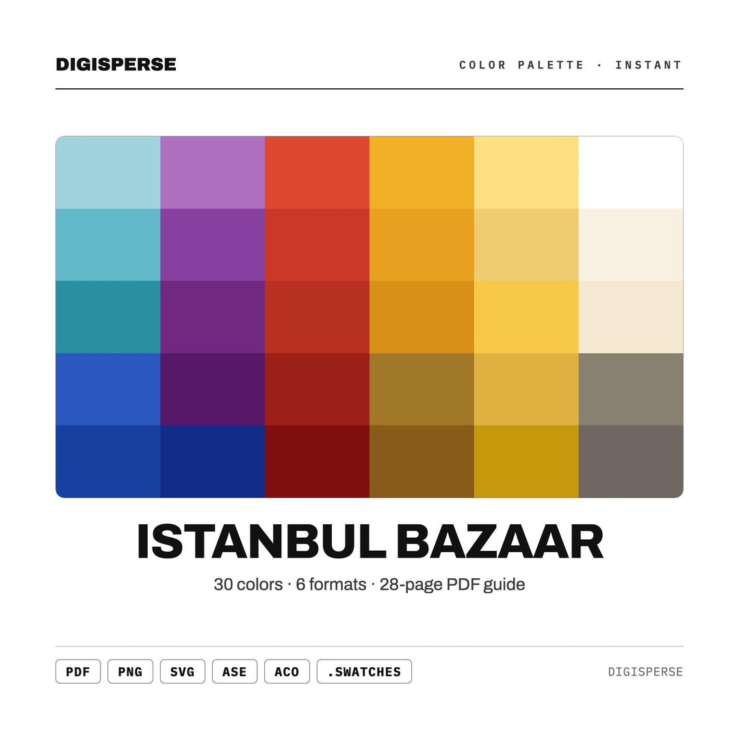 Istanbul Bazaar Color Palette | 30 Procreate Swatches, HEX, RGB, CMYK (Digital Download)