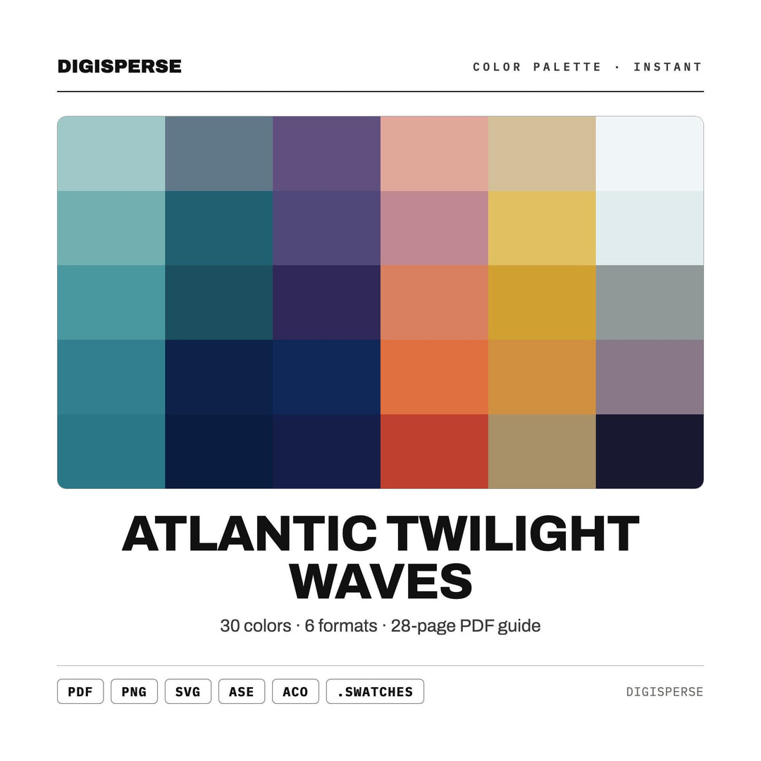 Atlantic Twilight Waves Color Palette | 30 Moody Coastal Hues (Procreate, ASE)