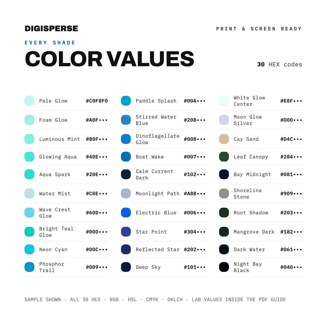 Bioluminescent Bay Color Palette | 30 Colors | Hex RGB CMYK | Procreate Swatches + ASE | Digital Download
