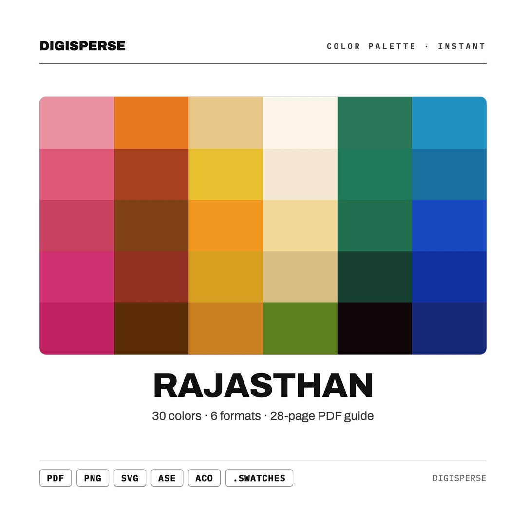 Vibrant Jewel Color Palette for Indian Festival Art and Bohemian Branding, 30 Rajasthan Spice Hues, Procreate Swatches, Hex Codes