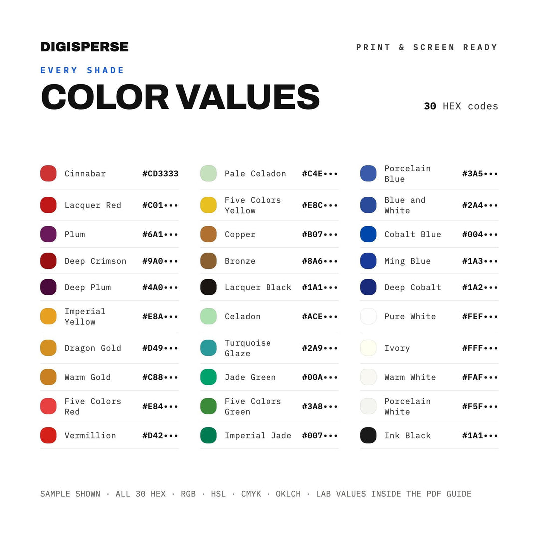 Ming Dynasty Color Palette | 30 Procreate Swatches, HEX, RGB, CMYK (Digital Download)
