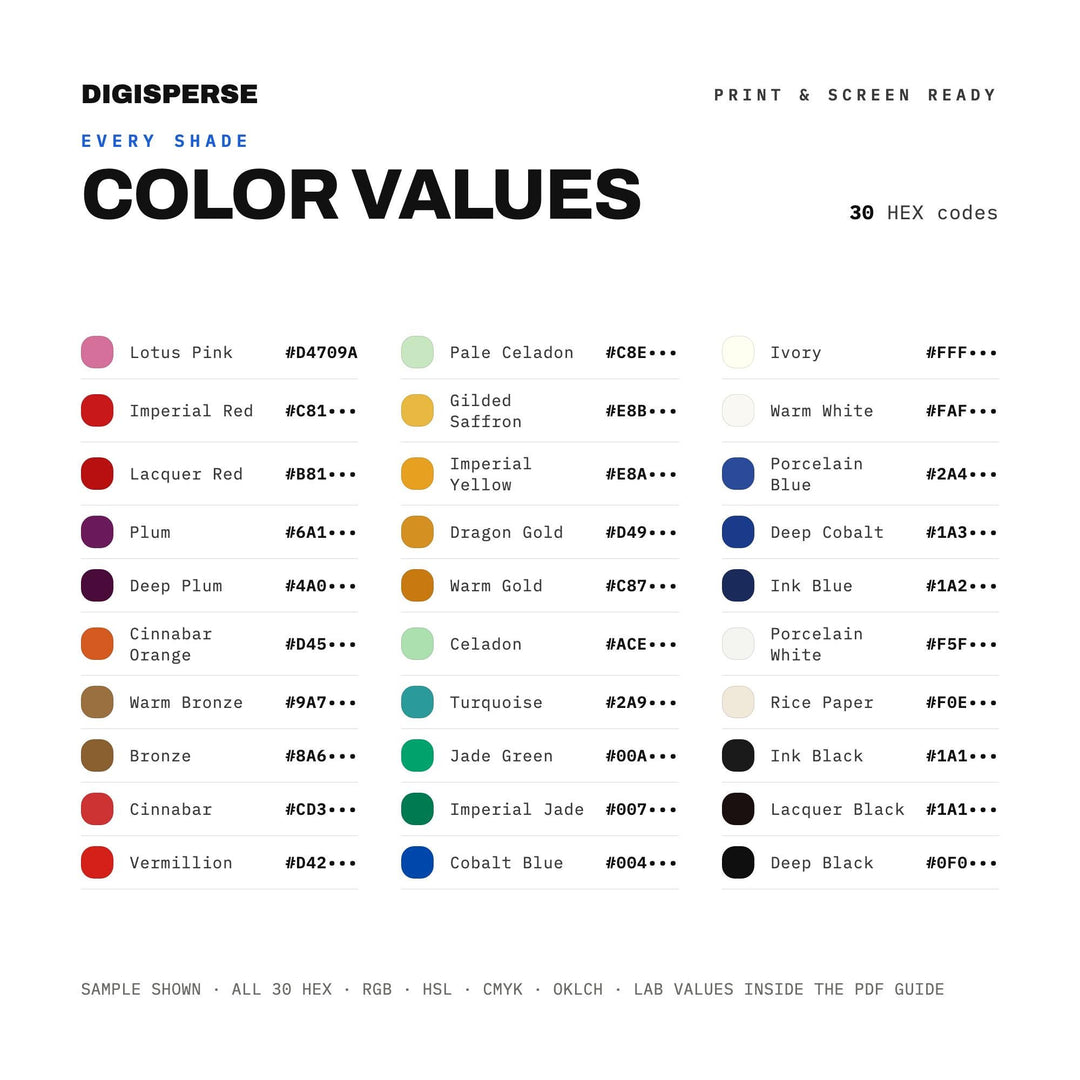 Imperial Red Color Palette for Chinese History Art and Traditional Branding, 30 Dynasty Gold Hues, Procreate Swatches, Hex Codes