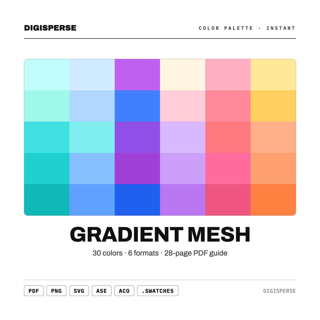 Gradient Mesh Color Palette | 30 Colors | Hex RGB CMYK | Color Guide | Procreate Swatches + ASE | Digital Download