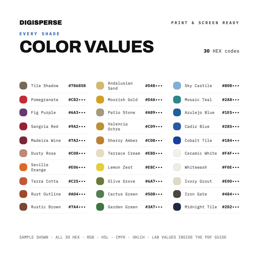 Spanish Tile Color Palette | 30 Procreate Swatches, Hex, RGB, CMYK (Digital Download)