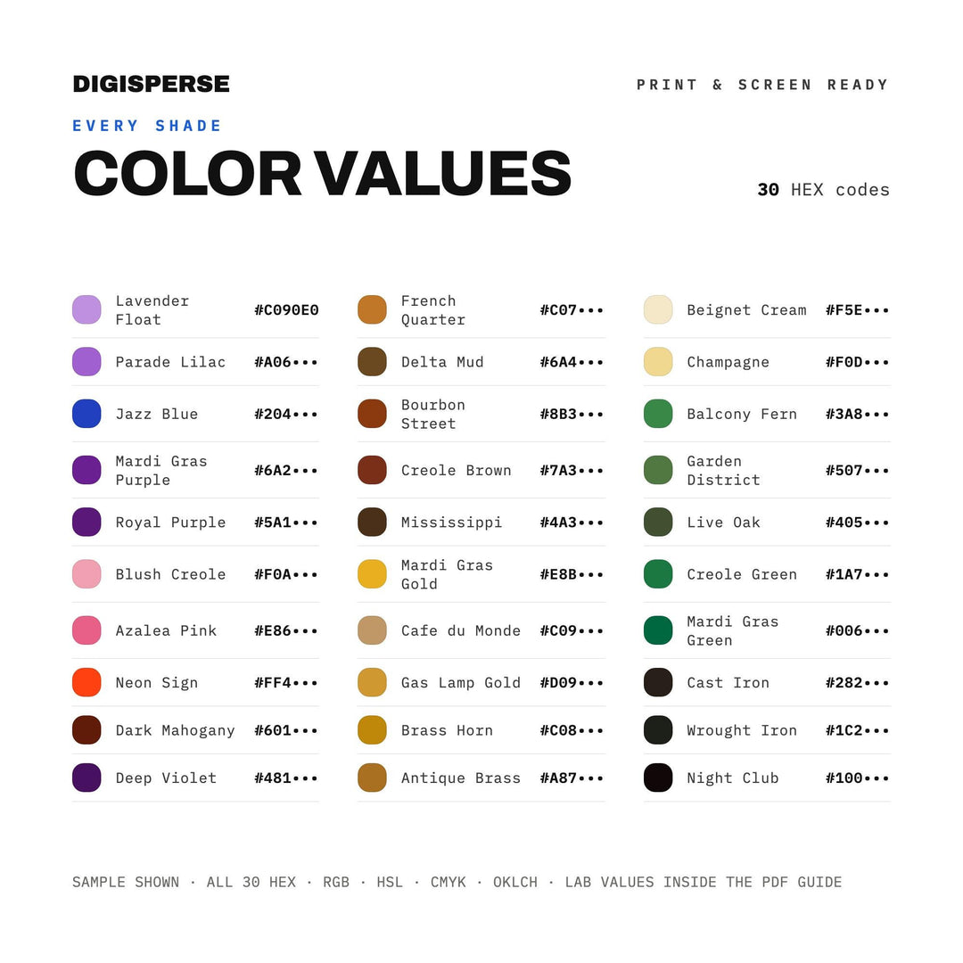 New Orleans Jazz Color Palette | 30 Colors | Hex RGB CMYK | Color Guide | Procreate Swatches + ASE | Digital Download