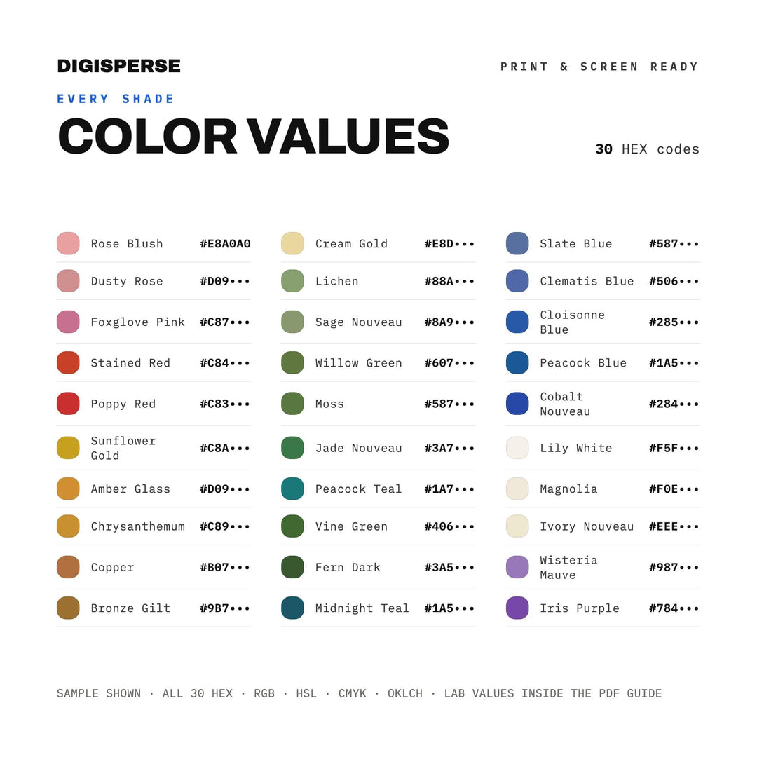 Art Nouveau Color Palette | 30 Colors | Hex RGB CMYK | Color Guide | Procreate Swatches + ASE | Digital Download
