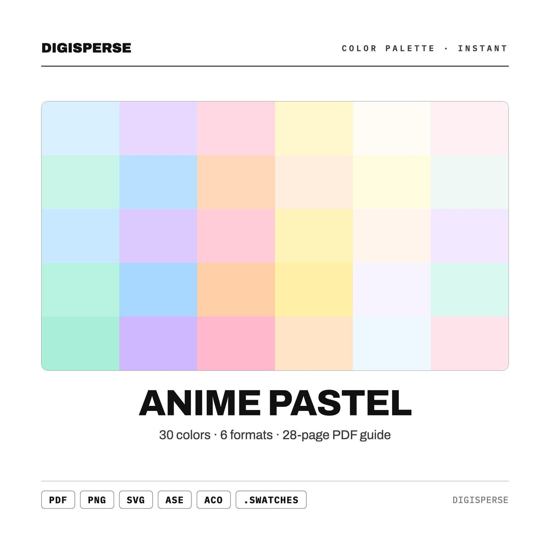 Anime Pastel Color Palette | 30 Procreate Swatches, HEX, RGB, CMYK (Digital Download)