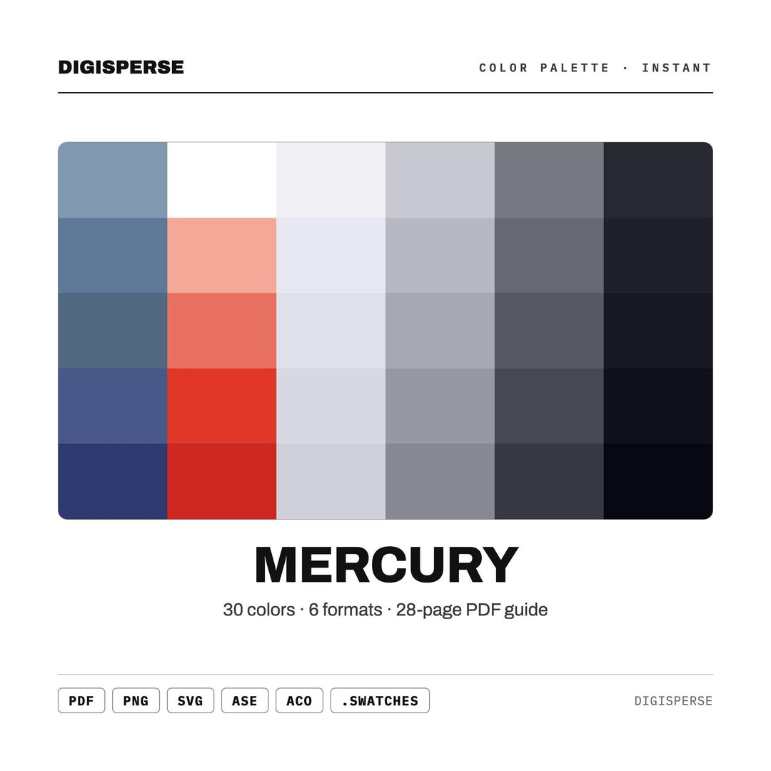 Liquid Silver Color Palette for Metallic Planet Art and Sleek Branding, 30 Mercury Chrome Hues, Procreate Swatches, Hex Codes
