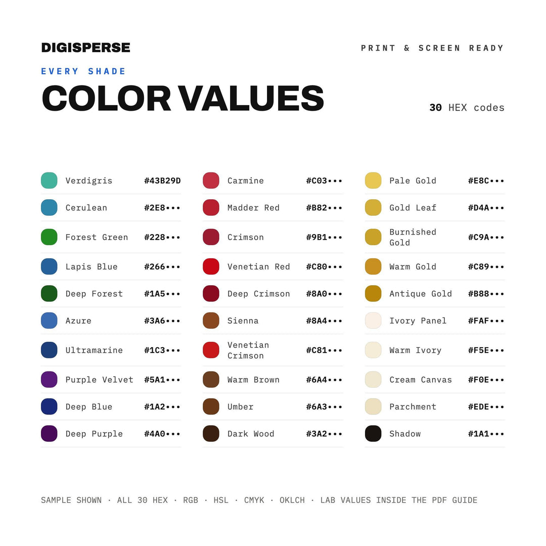 Renaissance Court Color Palette | 30 Colors | Hex RGB CMYK | Color Guide | Procreate Swatches + ASE | Digital Download