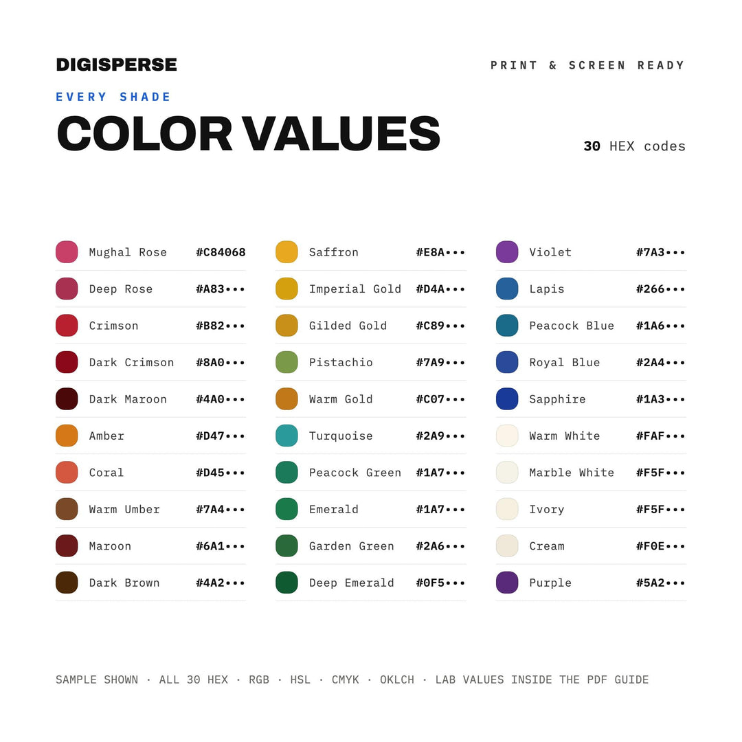 Mughal Court Color Palette | 30 Colors | Hex RGB CMYK | Color Guide | Procreate Swatches + ASE | Digital Download