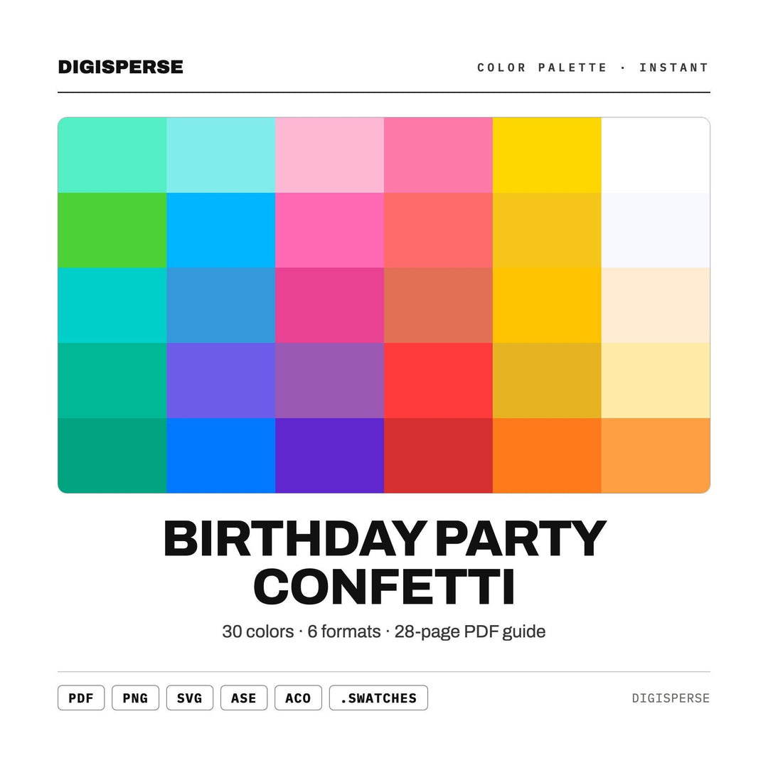 Bright Festive Color Palette for Kids Party Art and Celebration Branding, 30 Confetti Balloon Hues, Procreate Swatches, Hex Codes