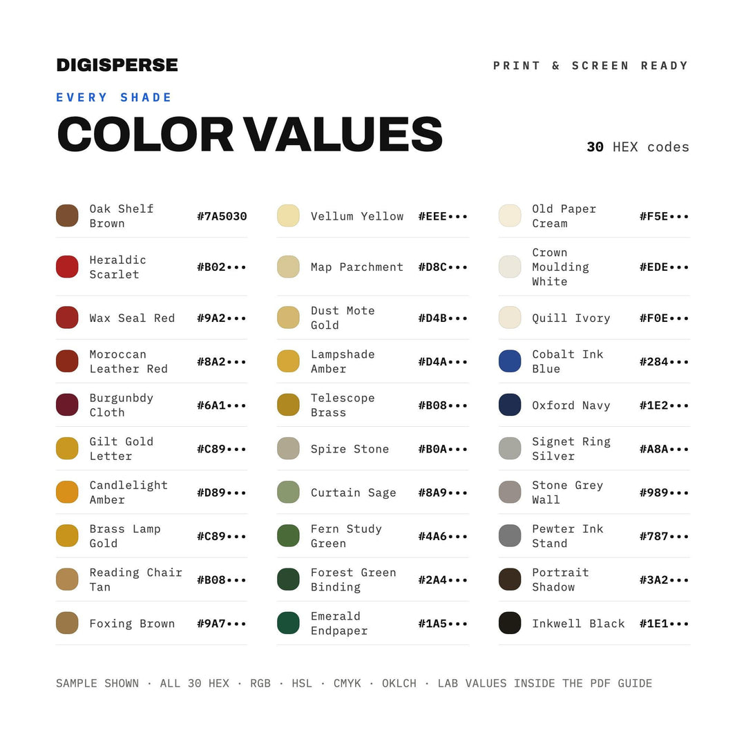 Oxford Library Study Color Palette | 30 Colors | Hex RGB CMYK | Procreate Swatches + ASE | Digital Download