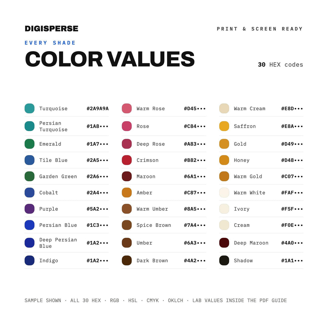 Persian Bazaar Color Palette | 30 Procreate Swatches, ASE, PDF Guide (Digital Download)