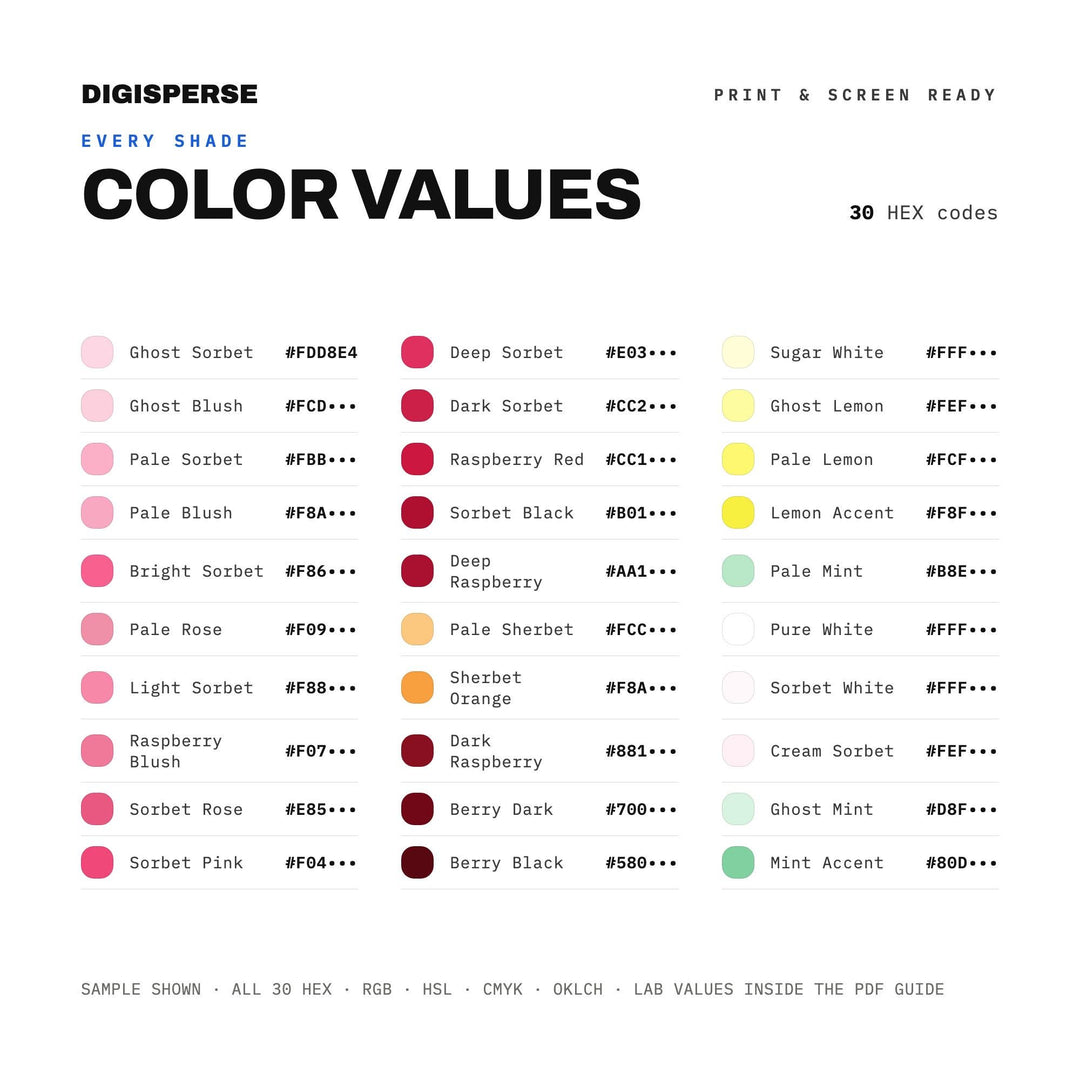 Raspberry Sorbet Color Palette | 30 Procreate Swatches, ASE, PDF Guide (Digital Download)