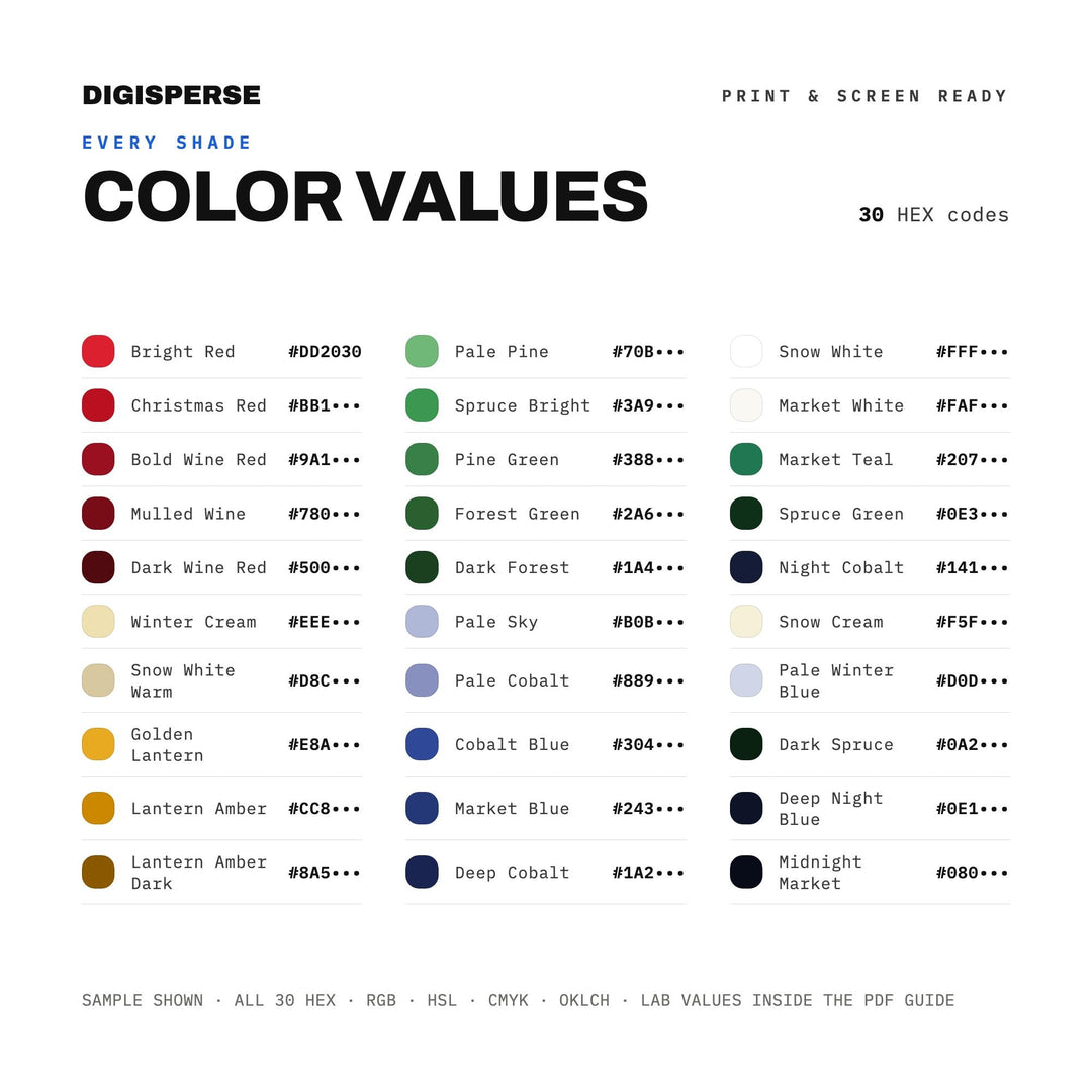 Christmas Market Color Palette | 30 Colors | Hex RGB CMYK | Procreate Swatches + ASE | Digital Download