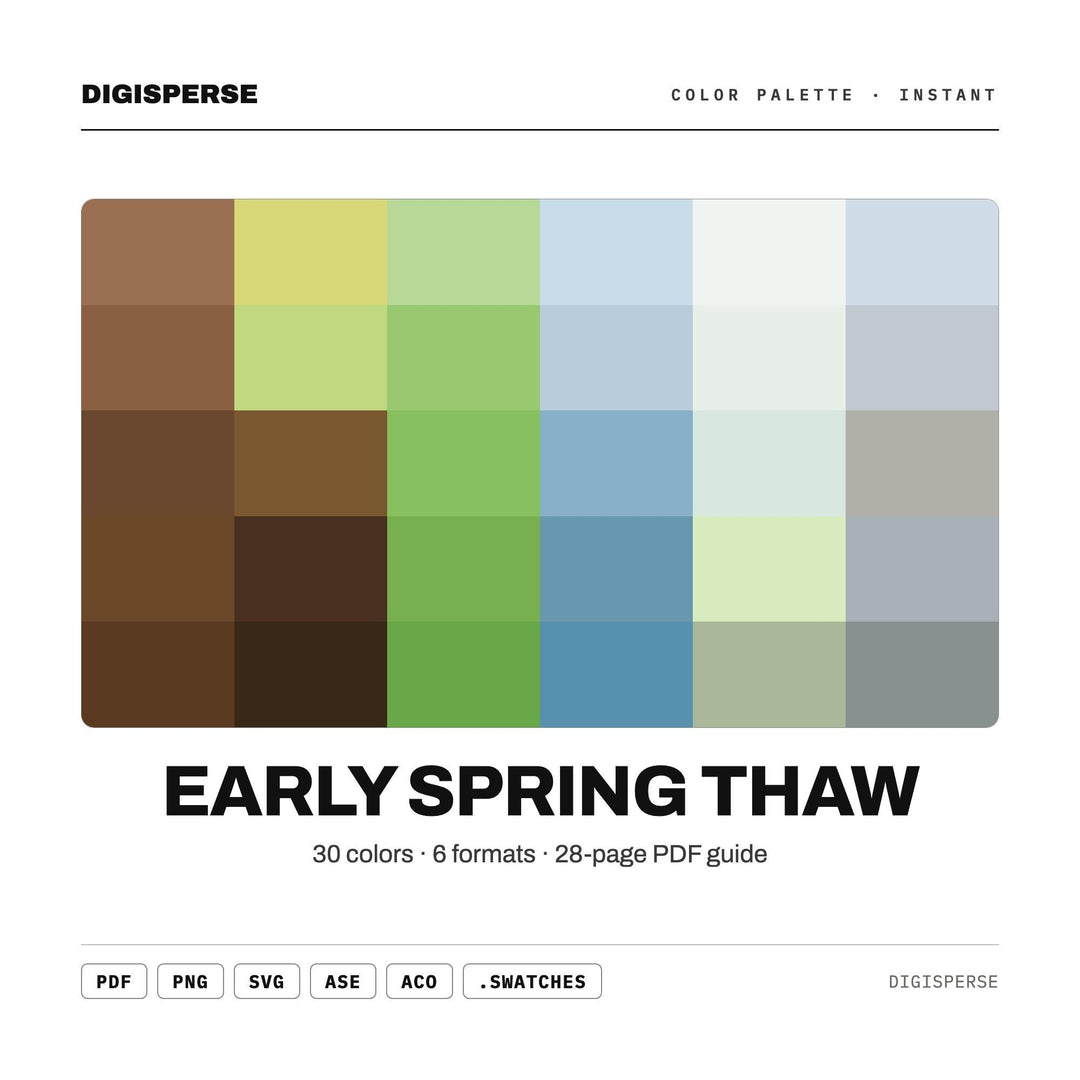 Soft Melt Color Palette for Fresh Spring Art and Seasonal Nature Branding, 30 Early Thaw Pastel Hues, Procreate Swatches, Hex Codes
