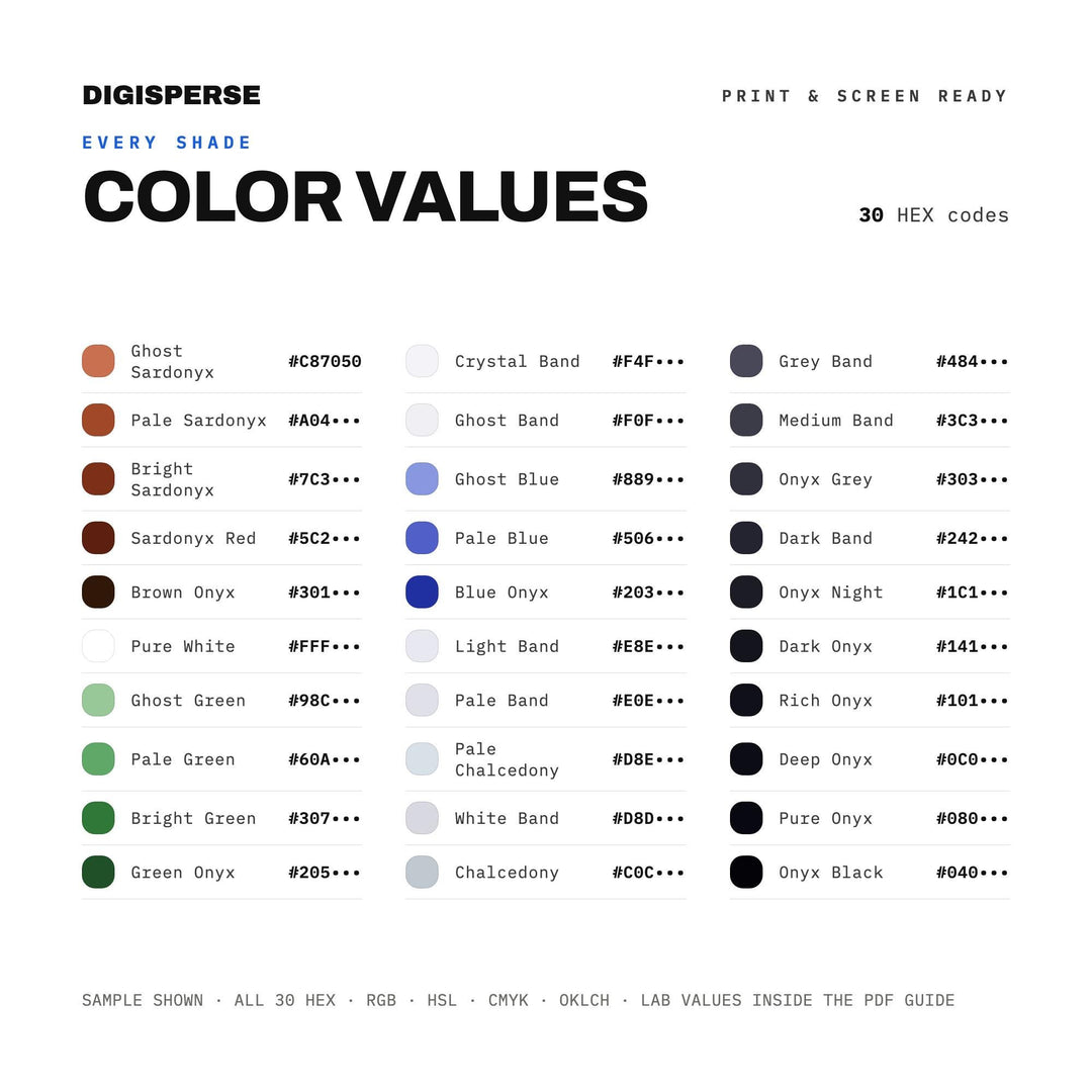 Deep Black Color Palette for Sleek Gemstone Art and Luxury Modern Branding, 30 Onyx Polished Hues, Procreate Swatches, Hex Codes